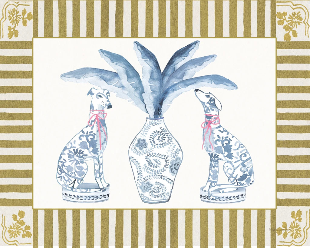 Chinoiserie Dogs I Gold Stripe by Mercedes Lopez Charro