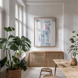 Chinoiserie Dogs II by Mercedes Lopez Charro. shown as a print in a natural wood frame in a dining room. Available as a archival giclee rolled canvas, fine art paper, or poster print. SKU 94608h.