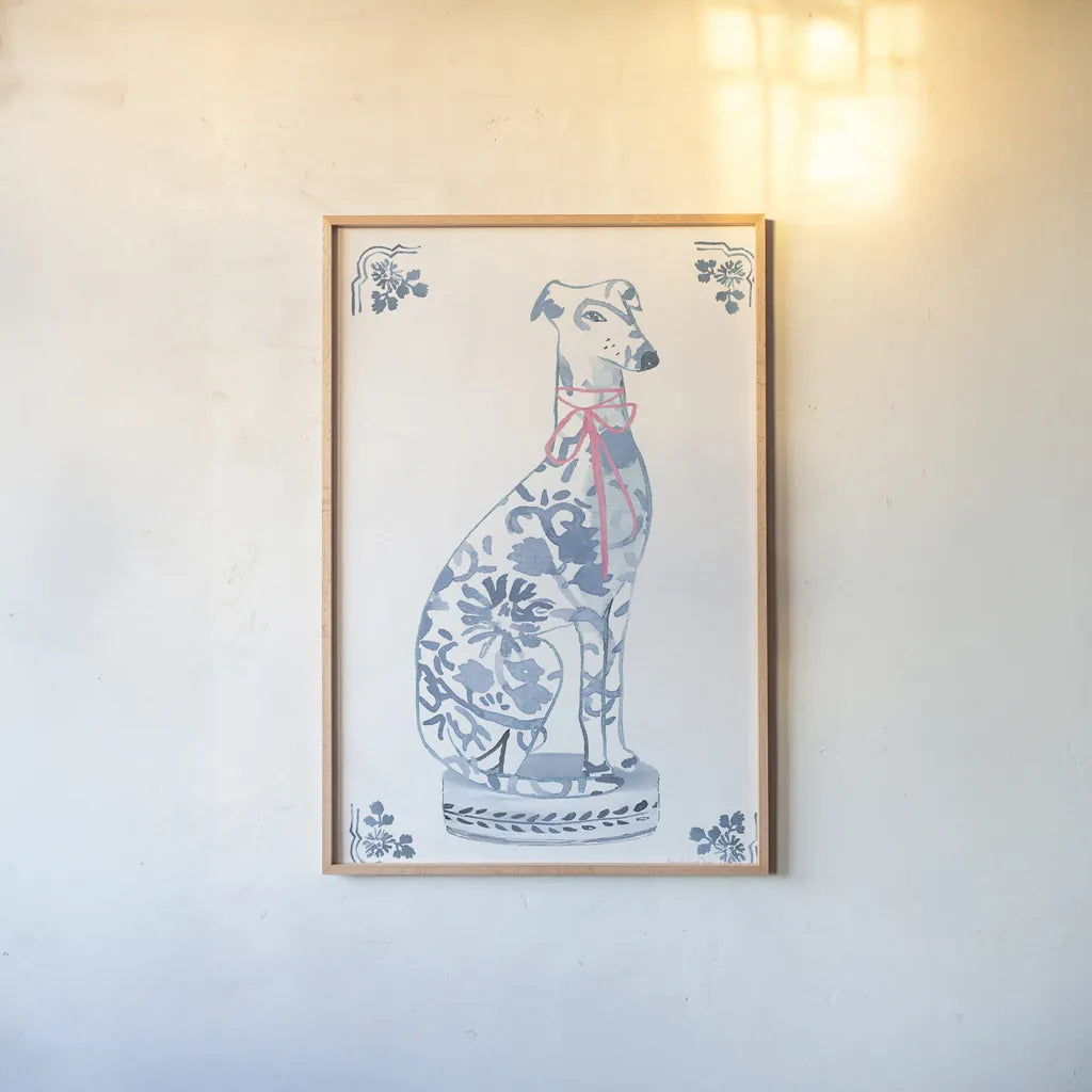 Chinoiserie Dogs II by Mercedes Lopez Charro. shown as a paper print in a natural frame. Available as a archival giclee rolled canvas, fine art paper, or poster print. SKU 94608h.