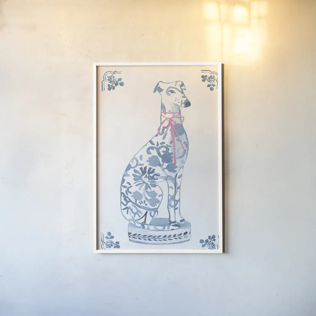 Chinoiserie Dogs II by Mercedes Lopez Charro. shown as a paper print in a white frame. Available as a archival giclee rolled canvas, fine art paper, or poster print. SKU 94608h.