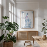 Chinoiserie Dogs III by Mercedes Lopez Charro. shown as a print in a natural wood frame in a dining room. Available as a archival giclee rolled canvas, fine art paper, or poster print. SKU 94609h.
