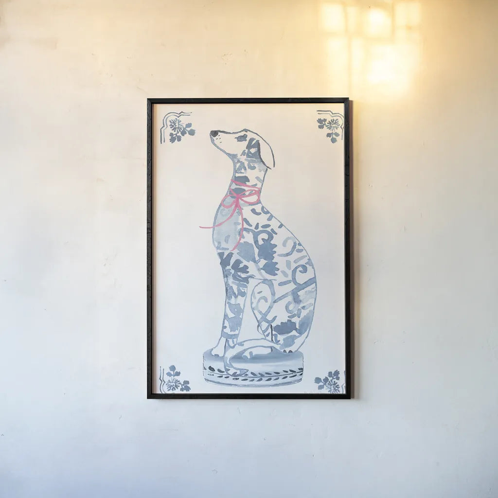 Chinoiserie Dogs III by Mercedes Lopez Charro. shown as a paper print in a black flame. Available as a archival giclee rolled canvas, fine art paper, or poster print. SKU 94609h.