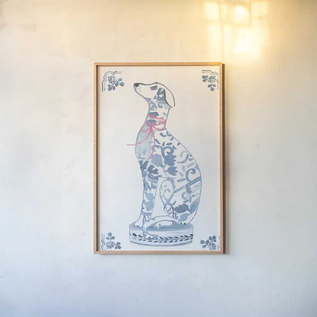 Chinoiserie Dogs III by Mercedes Lopez Charro. shown as a paper print in a natural frame. Available as a archival giclee rolled canvas, fine art paper, or poster print. SKU 94609h.