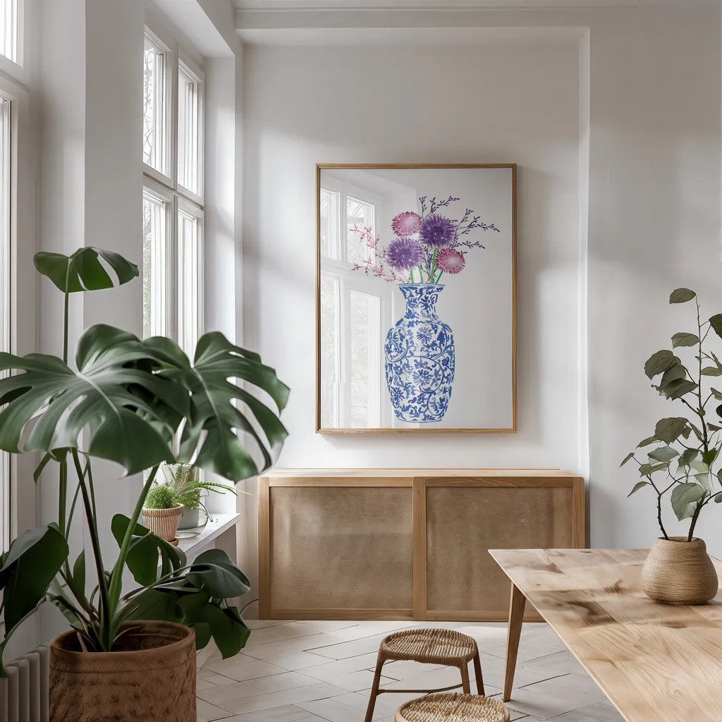 Chinoiserie Style II by Mercedes Lopez Charro. shown as a print in a natural wood frame in a dining room. Available as a archival giclee rolled canvas, fine art paper, or poster print. SKU 64229h.