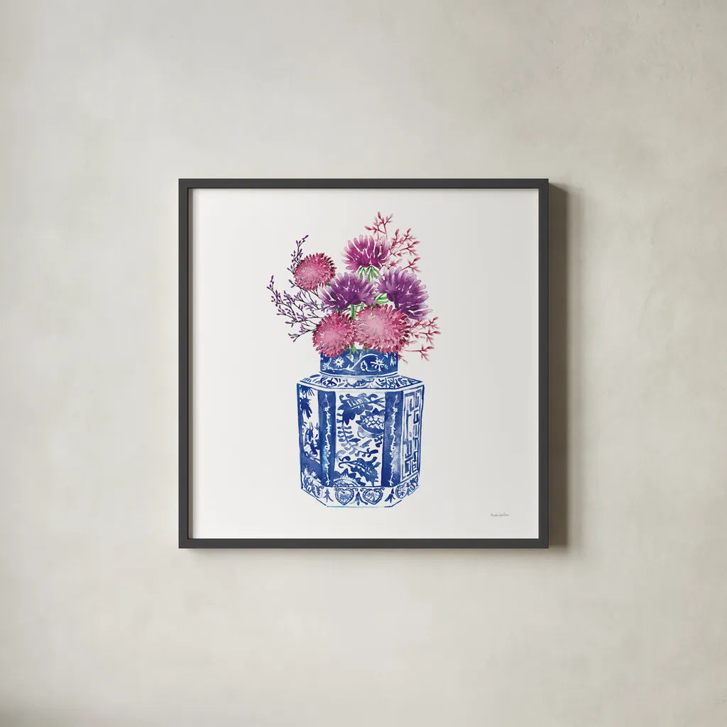 Chinoiserie Style III by Mercedes Lopez Charro. Shown in a sleek black glass frame for a contemporary gallery look. Available as an archival giclee rolled canvas, fine art paper, or poster print. SKU 64615a.