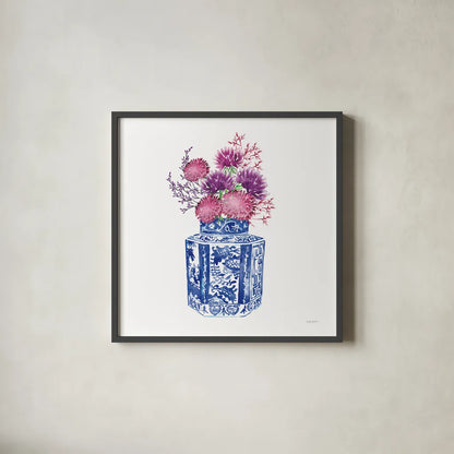 Chinoiserie Style III by Mercedes Lopez Charro. Shown in a sleek black glass frame for a contemporary gallery look. Available as an archival giclee rolled canvas, fine art paper, or poster print. SKU 64615a.