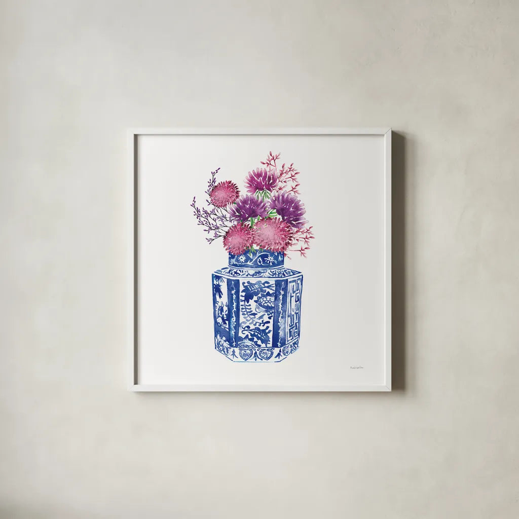 Chinoiserie Style III by Mercedes Lopez Charro. Shown in a crisp white glass frame for a clean and minimalist style. Available as an archival giclee rolled canvas, fine art paper, or poster print. SKU 64615a.