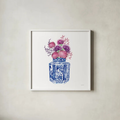Chinoiserie Style III by Mercedes Lopez Charro. Shown in a crisp white glass frame for a clean and minimalist style. Available as an archival giclee rolled canvas, fine art paper, or poster print. SKU 64615a.
