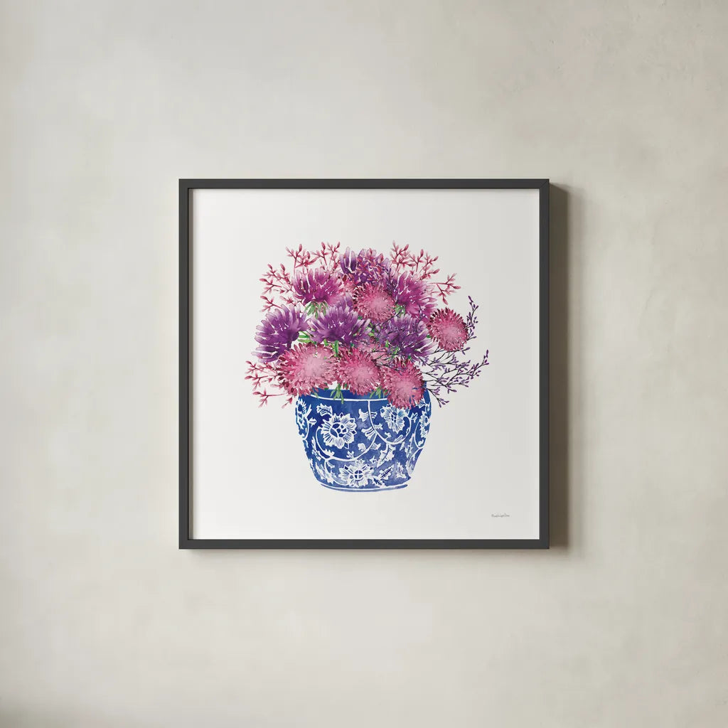 Chinoiserie Style IV by Mercedes Lopez Charro. Shown in a sleek black glass frame for a contemporary gallery look. Available as an archival giclee rolled canvas, fine art paper, or poster print. SKU 64616a.