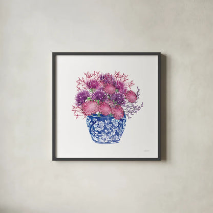 Chinoiserie Style IV by Mercedes Lopez Charro. Shown in a sleek black glass frame for a contemporary gallery look. Available as an archival giclee rolled canvas, fine art paper, or poster print. SKU 64616a.
