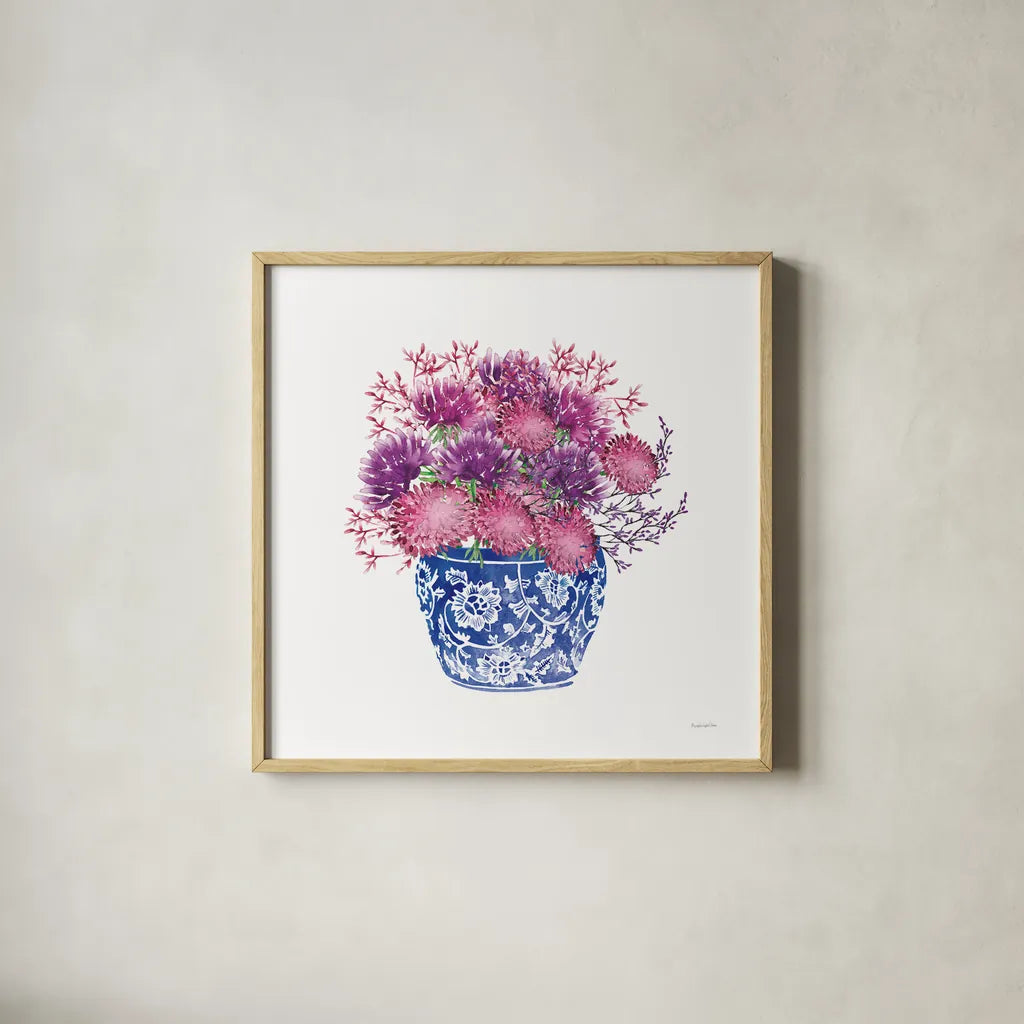 Chinoiserie Style IV by Mercedes Lopez Charro. Shown in a natural wood glass frame for a timeless modern aesthetic. Available as an archival giclee rolled canvas, fine art paper, or poster print. SKU 64616a.