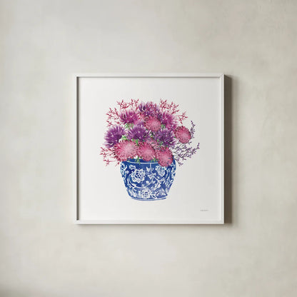 Chinoiserie Style IV by Mercedes Lopez Charro. Shown in a crisp white glass frame for a clean and minimalist style. Available as an archival giclee rolled canvas, fine art paper, or poster print. SKU 64616a.
