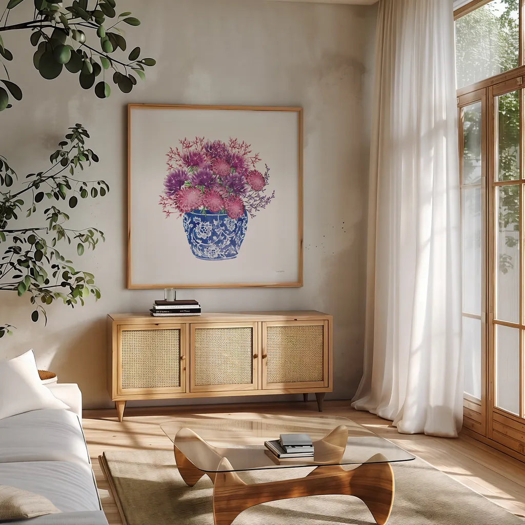 Chinoiserie Style IV by Mercedes Lopez Charro. Shown in a natural wood frame in a cozy modern living room. Available as an archival giclee rolled canvas, fine art paper, or poster print. SKU 64616a.