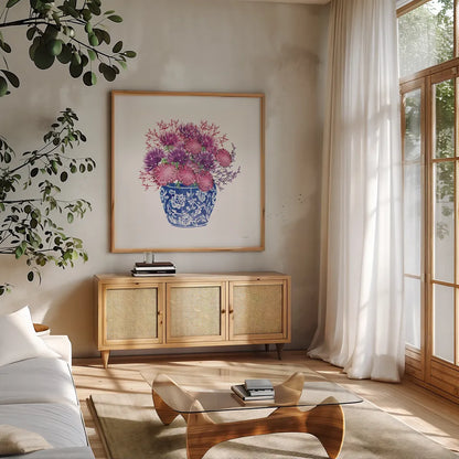 Chinoiserie Style IV by Mercedes Lopez Charro. Shown in a natural wood frame in a cozy modern living room. Available as an archival giclee rolled canvas, fine art paper, or poster print. SKU 64616a.
