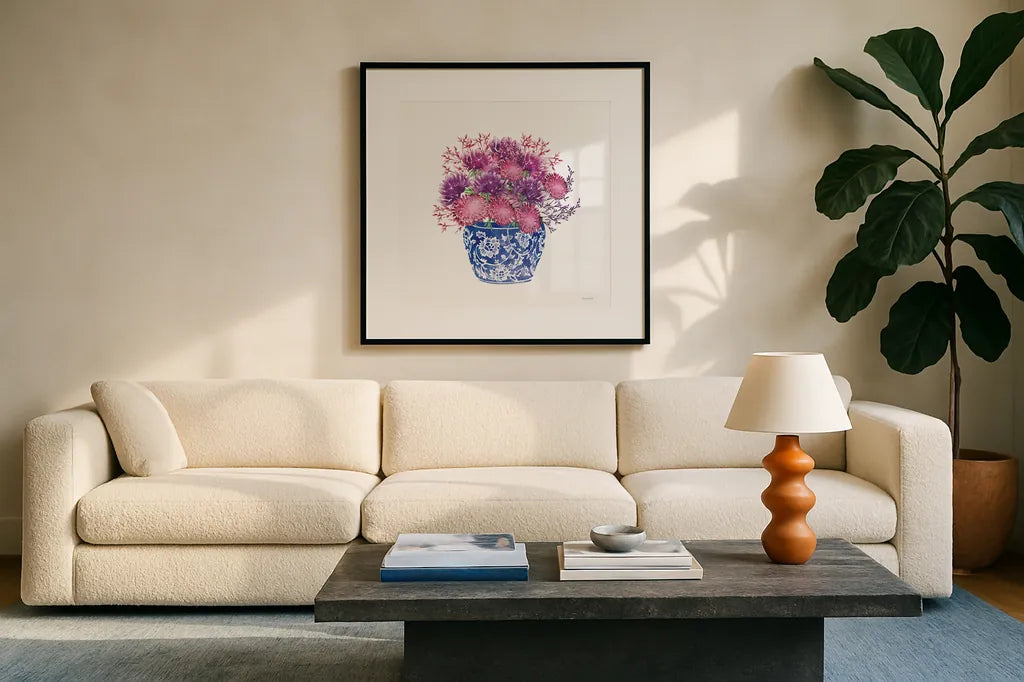 Chinoiserie Style IV by Mercedes Lopez Charro. Displayed in a glass frame with matte in a clean modern living room. Available as an archival giclee rolled canvas, fine art paper, or poster print. SKU 64616a.