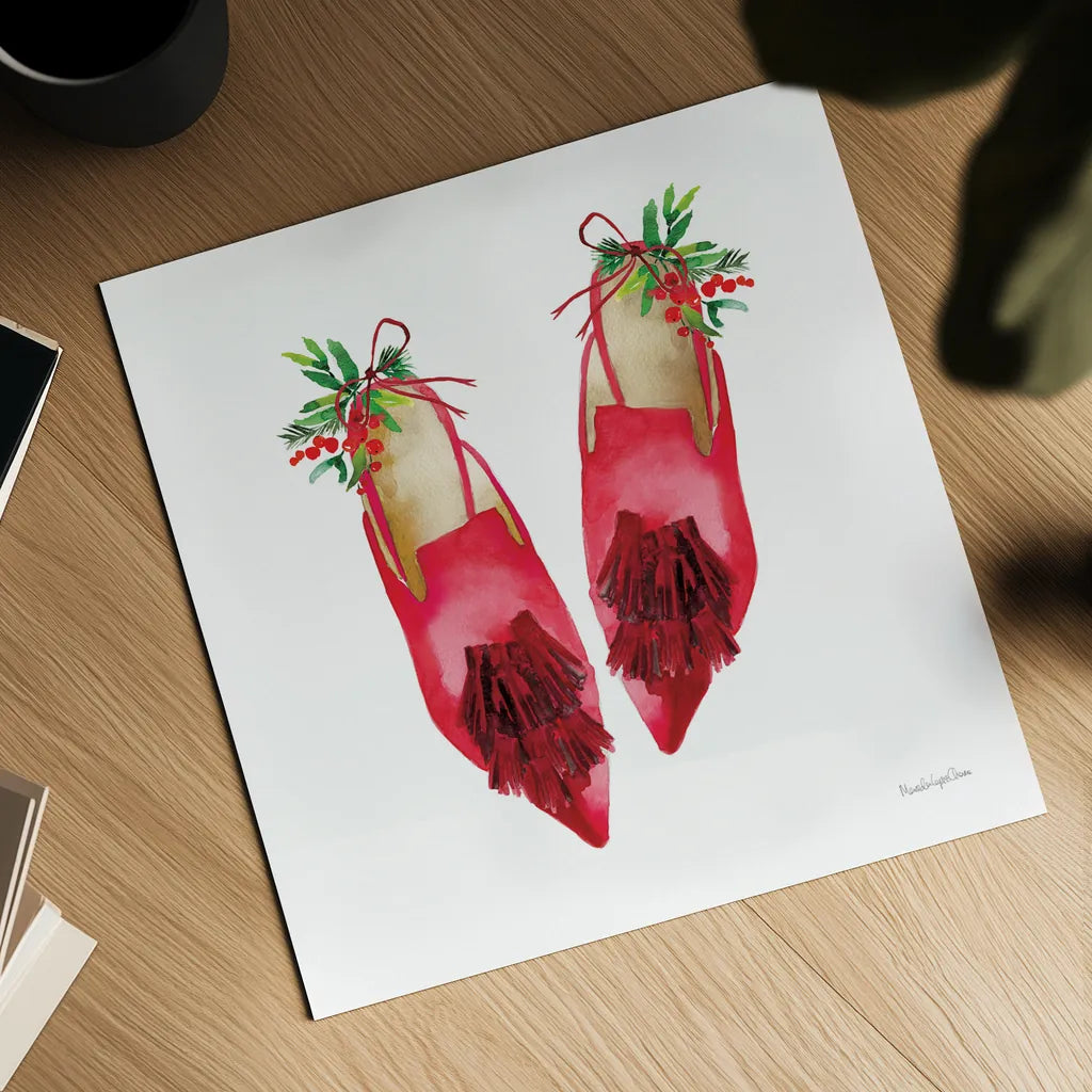 Christmas Eve Mules I by Mercedes Lopez Charro. Shown as a detailed flat fine art print, highlighting archival giclee quality. Available as an archival giclee rolled canvas, fine art paper, or poster print. SKU 71535a.