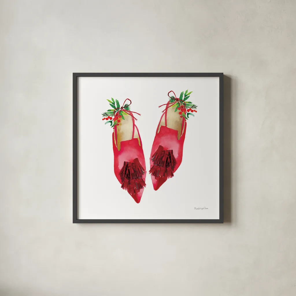 Christmas Eve Mules I by Mercedes Lopez Charro. Shown in a sleek black glass frame for a contemporary gallery look. Available as an archival giclee rolled canvas, fine art paper, or poster print. SKU 71535a.