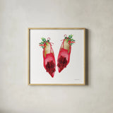 Christmas Eve Mules I by Mercedes Lopez Charro. Shown in a natural wood glass frame for a timeless modern aesthetic. Available as an archival giclee rolled canvas, fine art paper, or poster print. SKU 71535a.