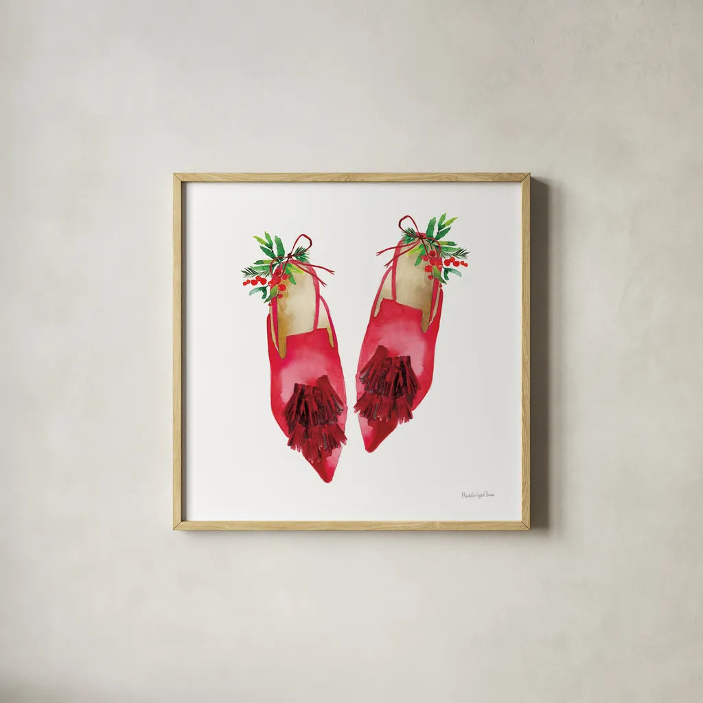 Christmas Eve Mules I by Mercedes Lopez Charro. Shown in a natural wood glass frame for a timeless modern aesthetic. Available as an archival giclee rolled canvas, fine art paper, or poster print. SKU 71535a.