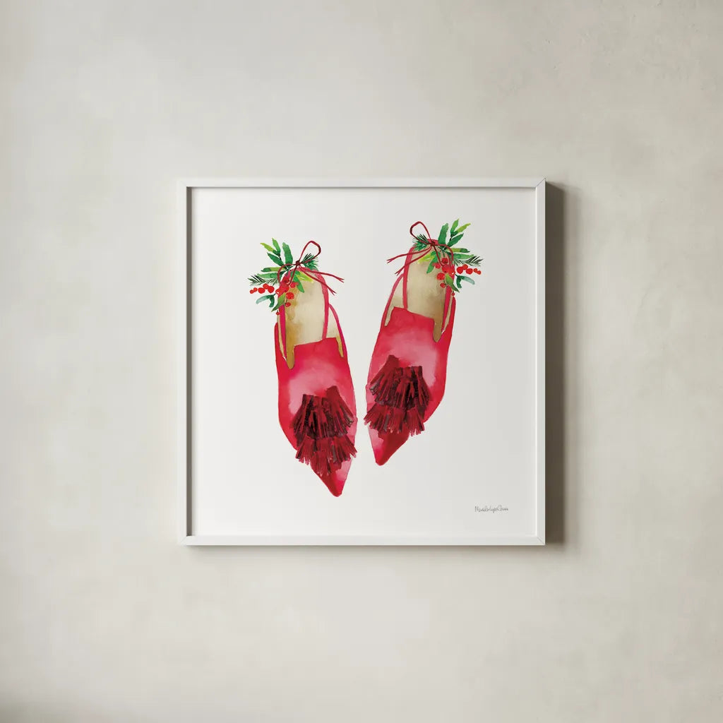 Christmas Eve Mules I by Mercedes Lopez Charro. Shown in a crisp white glass frame for a clean and minimalist style. Available as an archival giclee rolled canvas, fine art paper, or poster print. SKU 71535a.