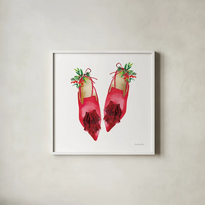 Christmas Eve Mules I by Mercedes Lopez Charro. Shown in a crisp white glass frame for a clean and minimalist style. Available as an archival giclee rolled canvas, fine art paper, or poster print. SKU 71535a.