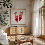 Christmas Eve Mules I by Mercedes Lopez Charro. Shown in a natural wood frame in a cozy modern living room. Available as an archival giclee rolled canvas, fine art paper, or poster print. SKU 71535a.