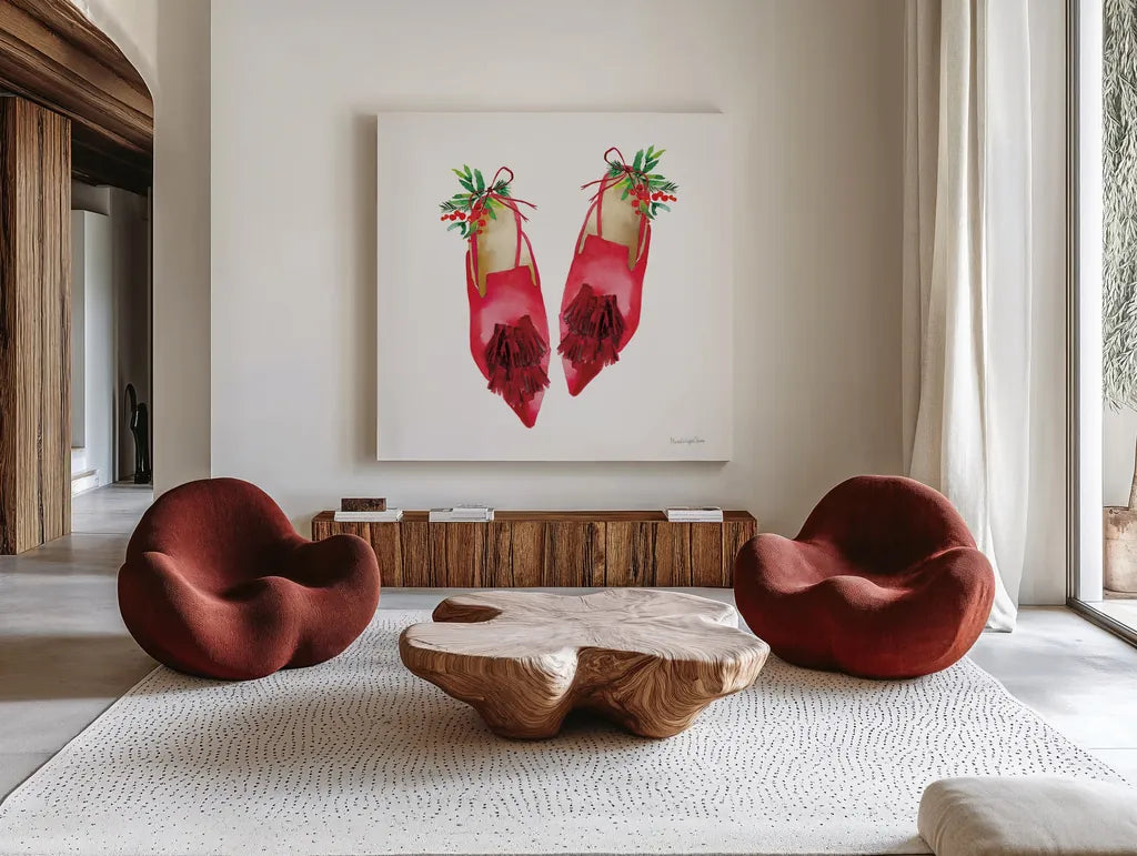 Christmas Eve Mules I by Mercedes Lopez Charro. Shown as extra-large giant wall art in a modern living room. Available as an archival giclee rolled canvas, fine art paper, or poster print. SKU 71535a.