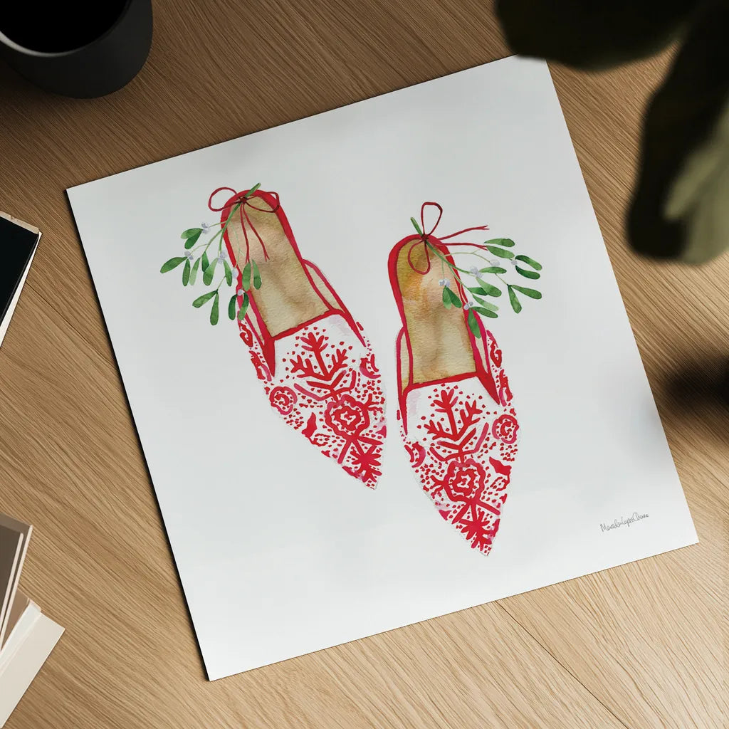 Christmas Eve Mules II by Mercedes Lopez Charro. Shown as a detailed flat fine art print, highlighting archival giclee quality. Available as an archival giclee rolled canvas, fine art paper, or poster print. SKU 71536a.
