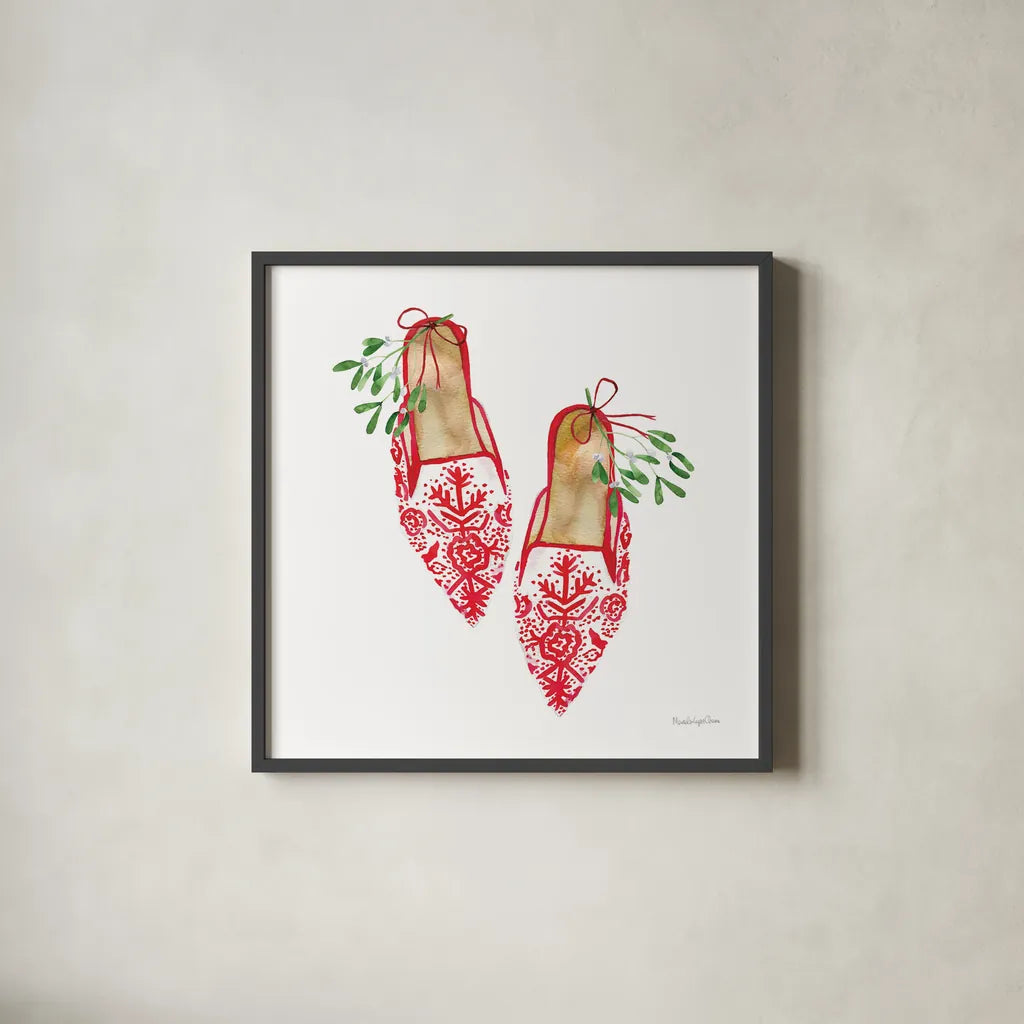 Christmas Eve Mules II by Mercedes Lopez Charro. Shown in a sleek black glass frame for a contemporary gallery look. Available as an archival giclee rolled canvas, fine art paper, or poster print. SKU 71536a.