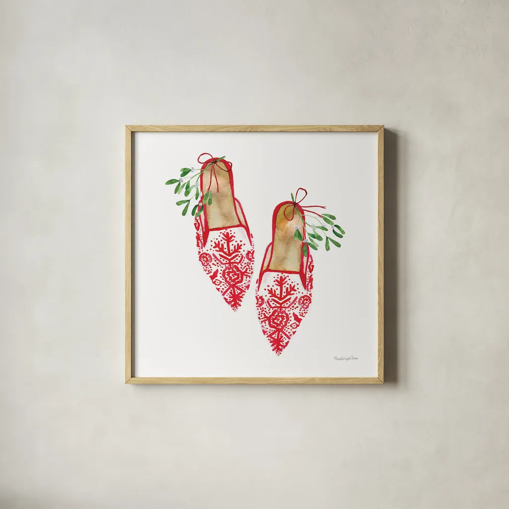 Christmas Eve Mules II by Mercedes Lopez Charro. Shown in a natural wood glass frame for a timeless modern aesthetic. Available as an archival giclee rolled canvas, fine art paper, or poster print. SKU 71536a.