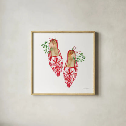 Christmas Eve Mules II by Mercedes Lopez Charro. Shown in a natural wood glass frame for a timeless modern aesthetic. Available as an archival giclee rolled canvas, fine art paper, or poster print. SKU 71536a.
