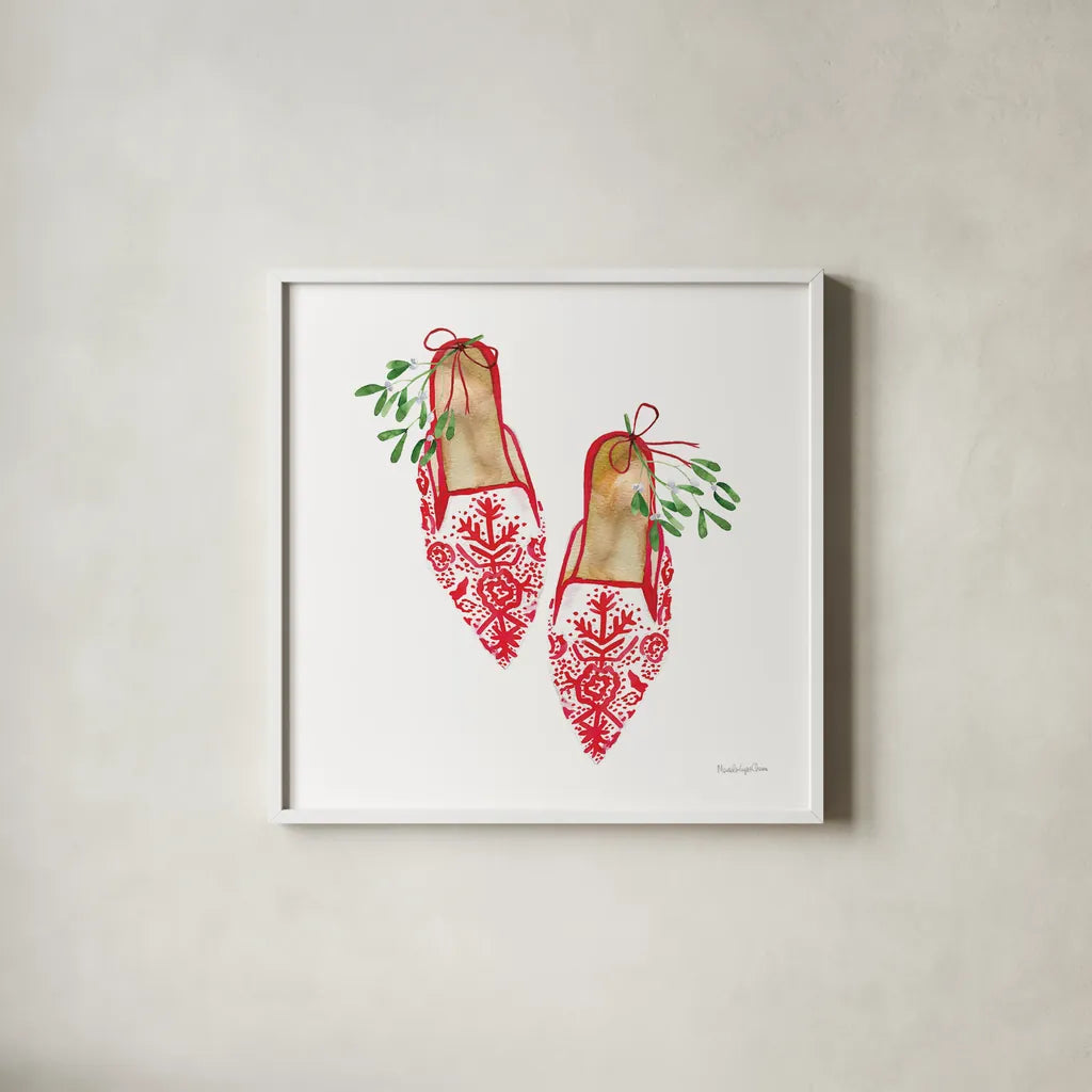 Christmas Eve Mules II by Mercedes Lopez Charro. Shown in a crisp white glass frame for a clean and minimalist style. Available as an archival giclee rolled canvas, fine art paper, or poster print. SKU 71536a.