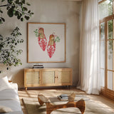 Christmas Eve Mules II by Mercedes Lopez Charro. Shown in a natural wood frame in a cozy modern living room. Available as an archival giclee rolled canvas, fine art paper, or poster print. SKU 71536a.