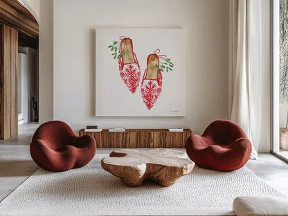 Christmas Eve Mules II by Mercedes Lopez Charro. Shown as extra-large giant wall art in a modern living room. Available as an archival giclee rolled canvas, fine art paper, or poster print. SKU 71536a.