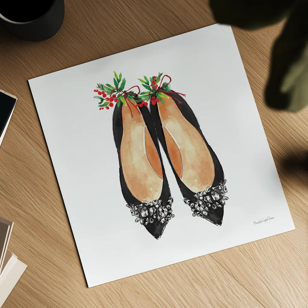 Christmas Shoes I by Mercedes Lopez Charro. Shown as a detailed flat fine art print, highlighting archival giclee quality. Available as an archival giclee rolled canvas, fine art paper, or poster print. SKU 71537a.