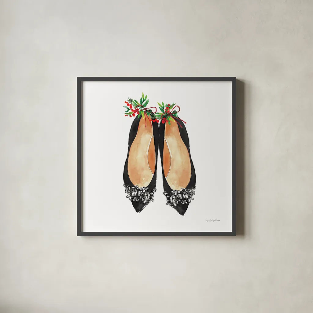 Christmas Shoes I by Mercedes Lopez Charro. Shown in a sleek black glass frame for a contemporary gallery look. Available as an archival giclee rolled canvas, fine art paper, or poster print. SKU 71537a.