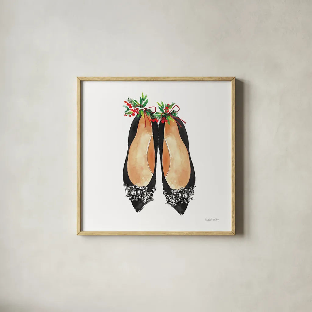 Christmas Shoes I by Mercedes Lopez Charro. Shown in a natural wood glass frame for a timeless modern aesthetic. Available as an archival giclee rolled canvas, fine art paper, or poster print. SKU 71537a.