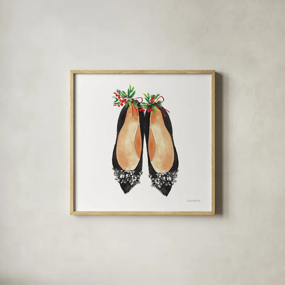 Christmas Shoes I by Mercedes Lopez Charro. Shown in a natural wood glass frame for a timeless modern aesthetic. Available as an archival giclee rolled canvas, fine art paper, or poster print. SKU 71537a.