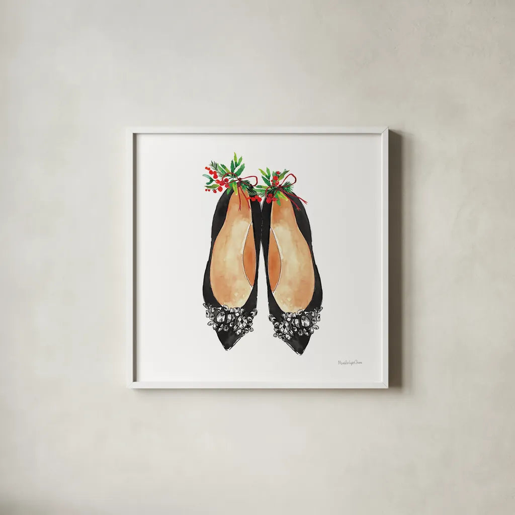 Christmas Shoes I by Mercedes Lopez Charro. Shown in a crisp white glass frame for a clean and minimalist style. Available as an archival giclee rolled canvas, fine art paper, or poster print. SKU 71537a.