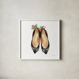 Christmas Shoes I by Mercedes Lopez Charro. Shown in a crisp white glass frame for a clean and minimalist style. Available as an archival giclee rolled canvas, fine art paper, or poster print. SKU 71537a.