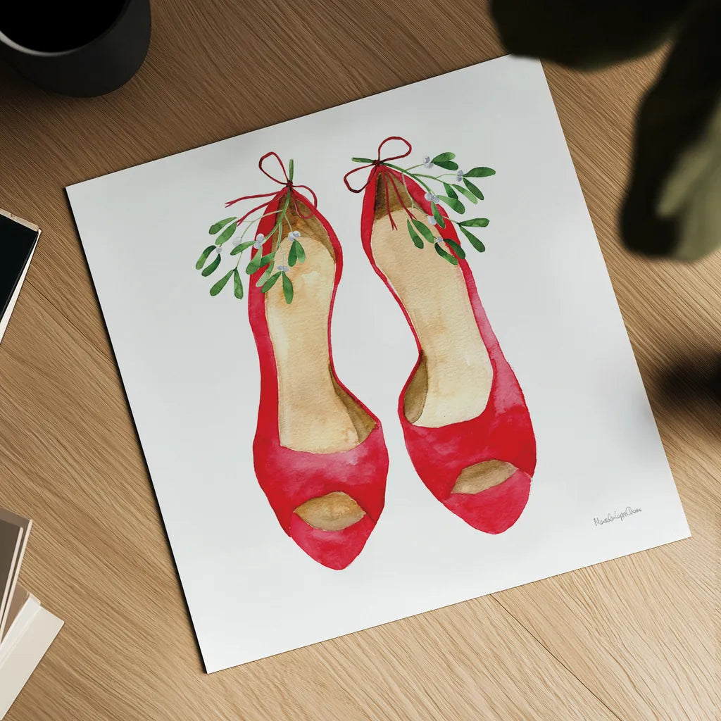 Christmas Shoes II by Mercedes Lopez Charro. Shown as a detailed flat fine art print, highlighting archival giclee quality. Available as an archival giclee rolled canvas, fine art paper, or poster print. SKU 71538a.