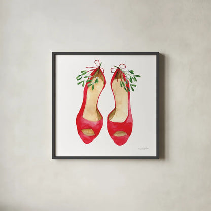 Christmas Shoes II by Mercedes Lopez Charro. Shown in a sleek black glass frame for a contemporary gallery look. Available as an archival giclee rolled canvas, fine art paper, or poster print. SKU 71538a.