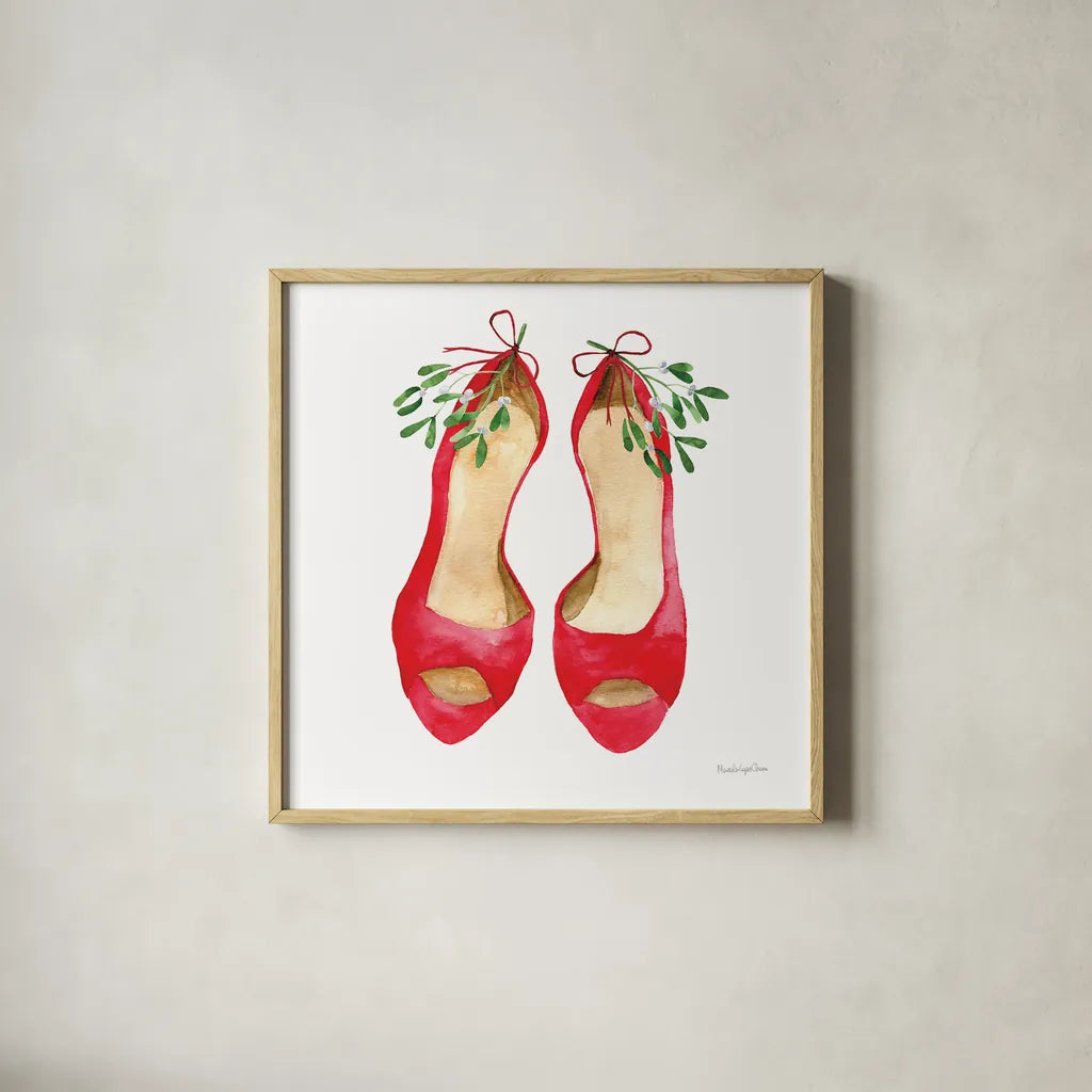 Christmas Shoes II by Mercedes Lopez Charro. Shown in a natural wood glass frame for a timeless modern aesthetic. Available as an archival giclee rolled canvas, fine art paper, or poster print. SKU 71538a.
