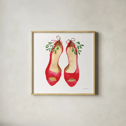 Christmas Shoes II by Mercedes Lopez Charro. Shown in a natural wood glass frame for a timeless modern aesthetic. Available as an archival giclee rolled canvas, fine art paper, or poster print. SKU 71538a.