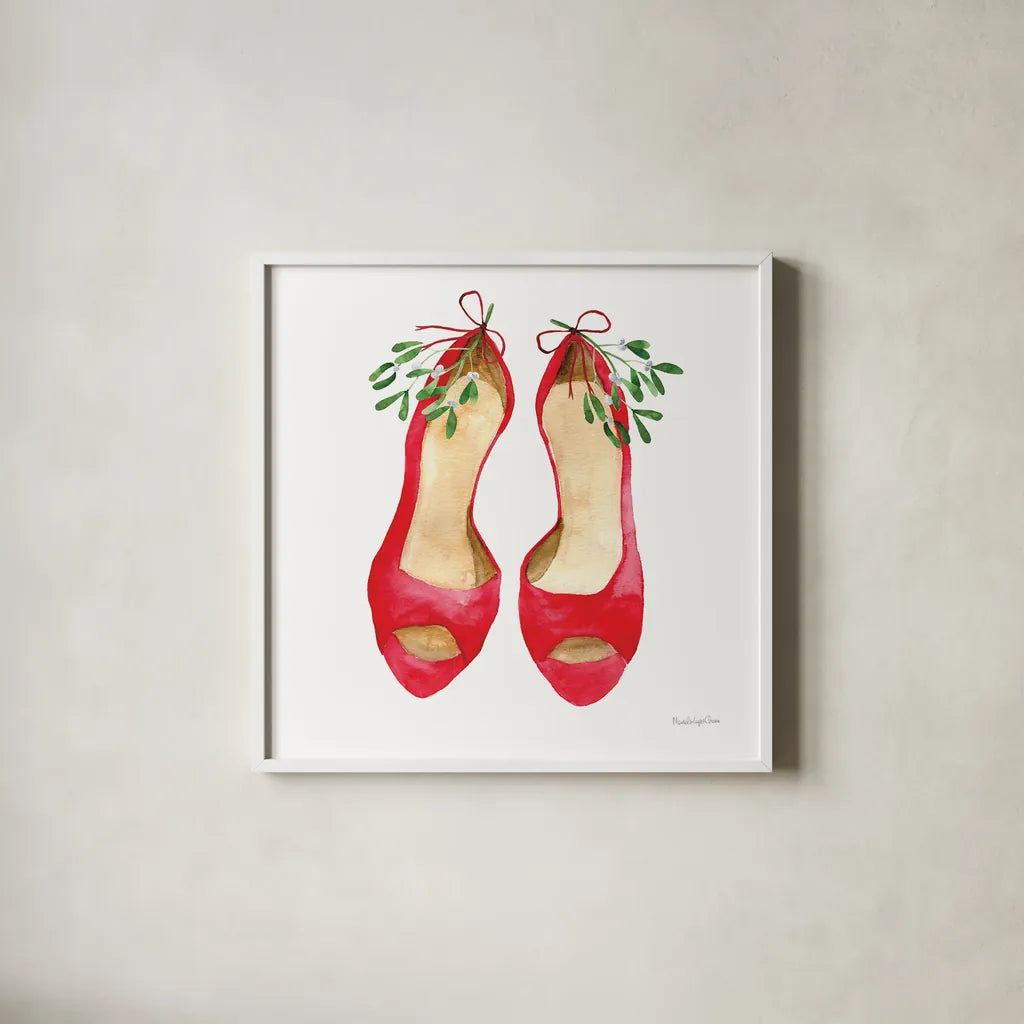 Christmas Shoes II by Mercedes Lopez Charro. Shown in a crisp white glass frame for a clean and minimalist style. Available as an archival giclee rolled canvas, fine art paper, or poster print. SKU 71538a.