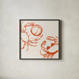 Coastal Crabs Beach Fun by Mercedes Lopez Charro. Shown in a sleek black glass frame for a contemporary gallery look. Available as an archival giclee rolled canvas, fine art paper, or poster print. SKU 102551a.