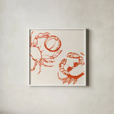 Coastal Crabs Beach Fun by Mercedes Lopez Charro. Shown in a crisp white glass frame for a clean and minimalist style. Available as an archival giclee rolled canvas, fine art paper, or poster print. SKU 102551a.