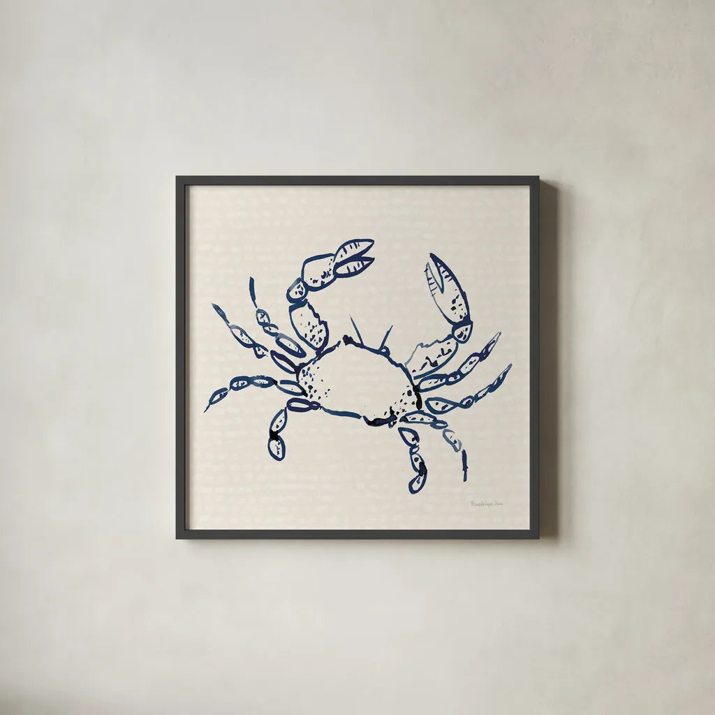 Coastal Crabs I by Mercedes Lopez Charro. Shown in a sleek black glass frame for a contemporary gallery look. Available as an archival giclee rolled canvas, fine art paper, or poster print. SKU 86319a.
