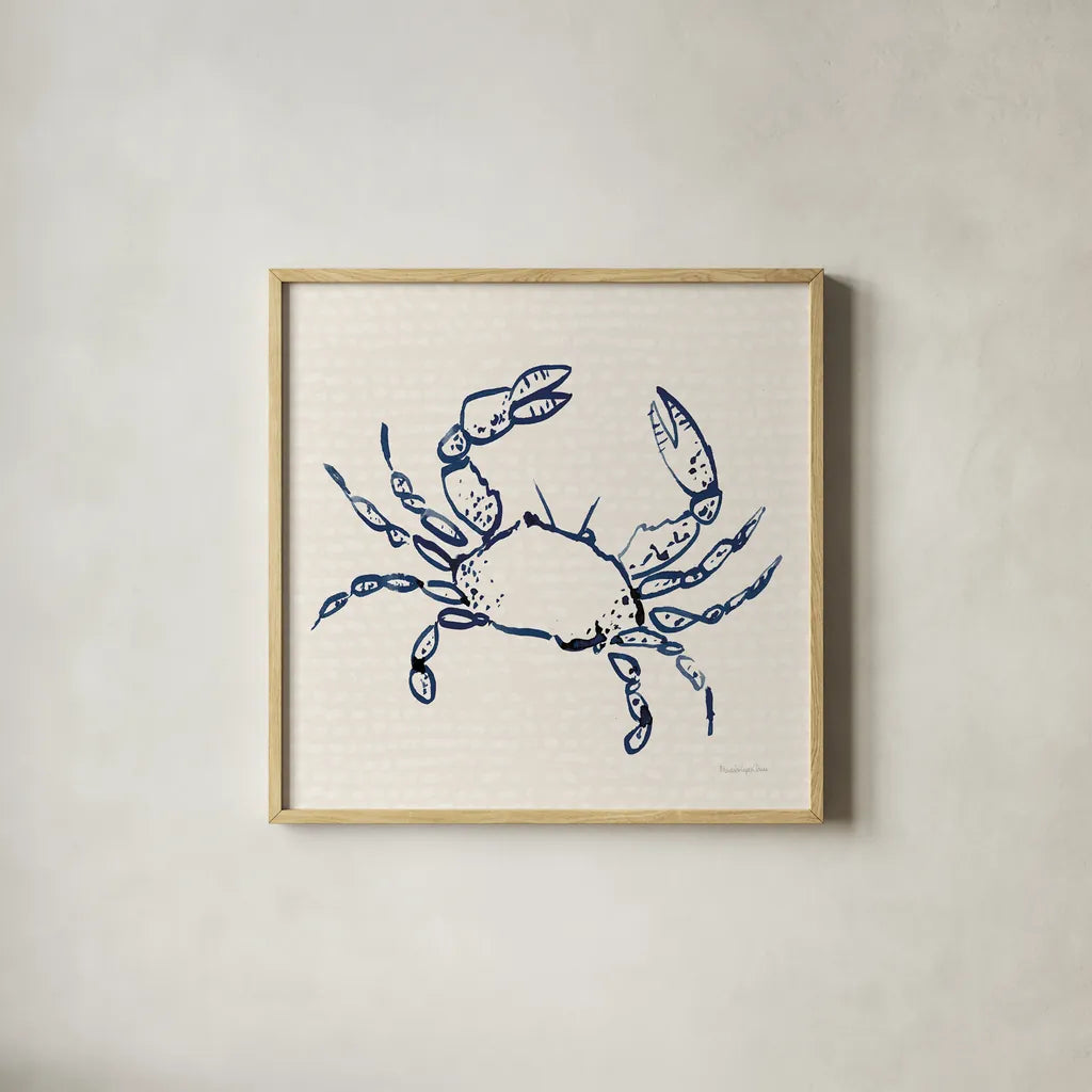 Coastal Crabs I by Mercedes Lopez Charro. Shown in a natural wood glass frame for a timeless modern aesthetic. Available as an archival giclee rolled canvas, fine art paper, or poster print. SKU 86319a.