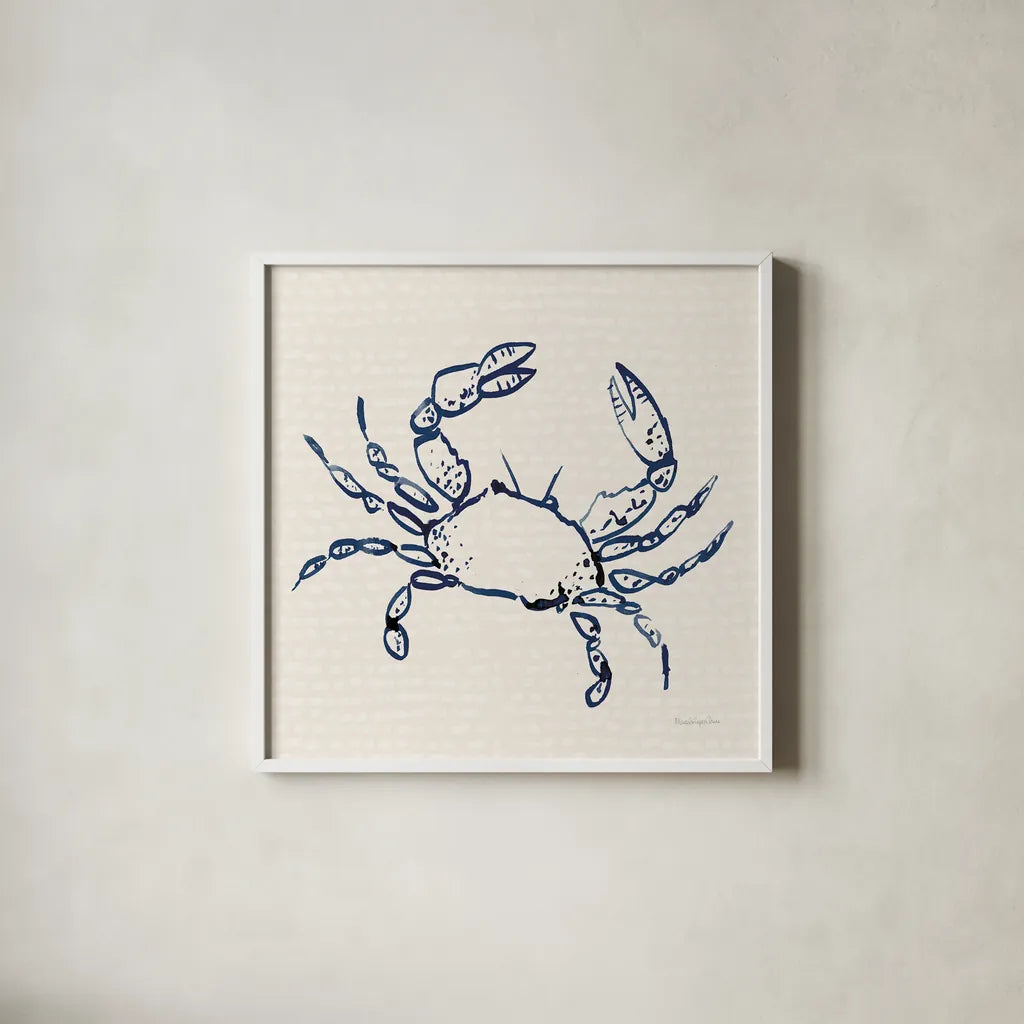 Coastal Crabs I by Mercedes Lopez Charro. Shown in a crisp white glass frame for a clean and minimalist style. Available as an archival giclee rolled canvas, fine art paper, or poster print. SKU 86319a.